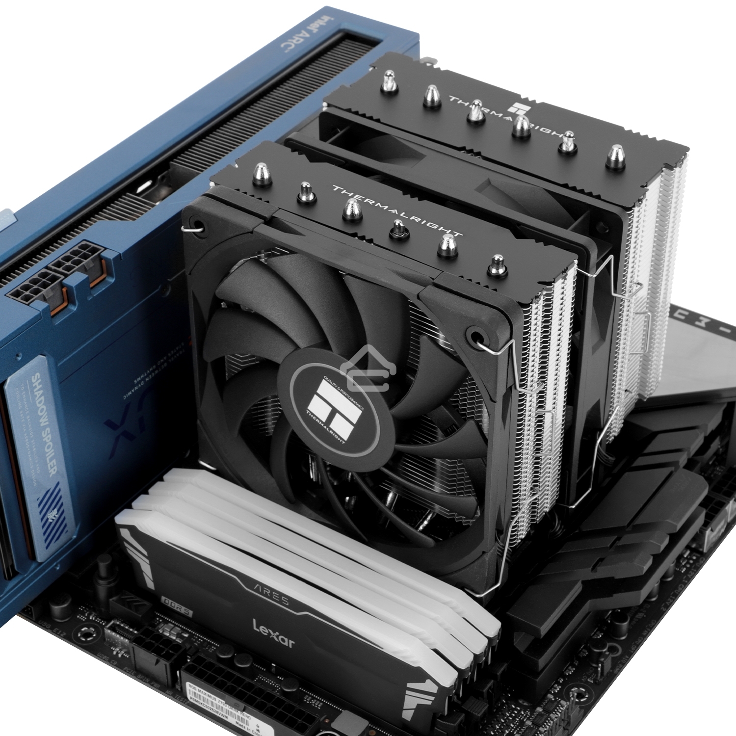 Кулер для процессора Thermalright Royal Knight 120 SE (4-pin PWM, 155мм, Ni/Cu, 6x6мм, 2x120мм, 66.17CFM/59CFM, 25.6dBA/26.1dBA, 1500RPM/1800RPM, S: 1200, 1700, 1851, 115X, AM4, AM5, silver, black)