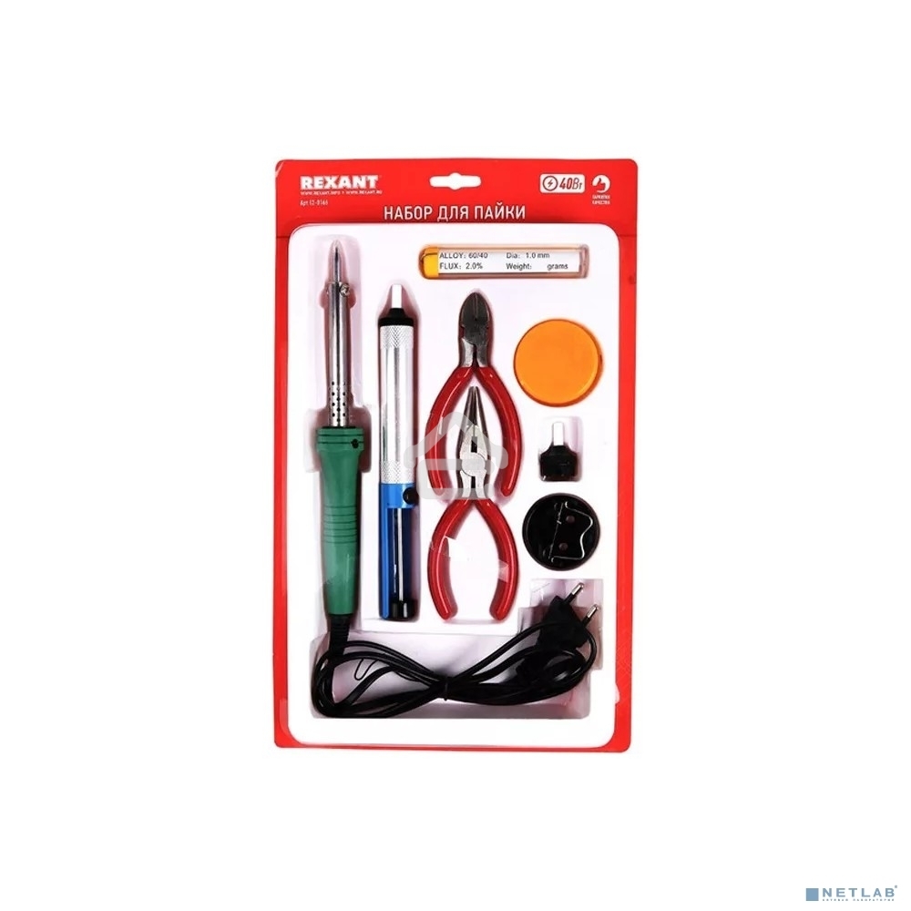 Набор для пайки Rexant №13 (паяльник 30Вт, подставка, канифоль, припой, бокорезы, тонкогубцы)