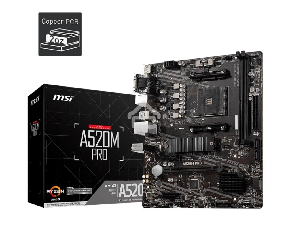 Материнская плата MSI A520M PRO, AM4, AMD A520, 2xDDR4, 4xSATA, 1xM.2, 1xPCIe 3.0 x16, 1xVGA, 1xDVI-D, 1xHDMI, 1x 1Gb LAN, 2xUSB 2.0, 4xUSB 3.2 Gen 1, 3x3.5 мм, 7.1, mATX