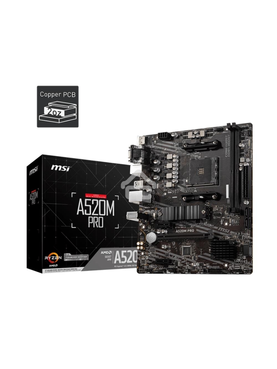 Материнская плата MSI A520M PRO, AM4, AMD A520, 2xDDR4, 4xSATA, 1xM.2, 1xPCIe 3.0 x16, 1xDVI-D, 1xHDMI, 1x 1Gb LAN, 2xUSB 2.0, 4xUSB 3.2 Gen 1, 3x3.5 мм, 7.1, mATX
