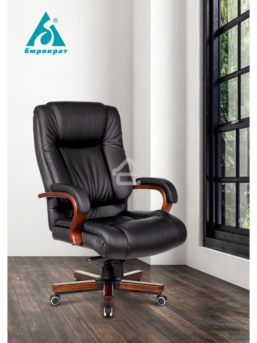 Кресло руководителя Бюрократ T-9925WALNUT/BLACK черный, кожа, крестовина дерево