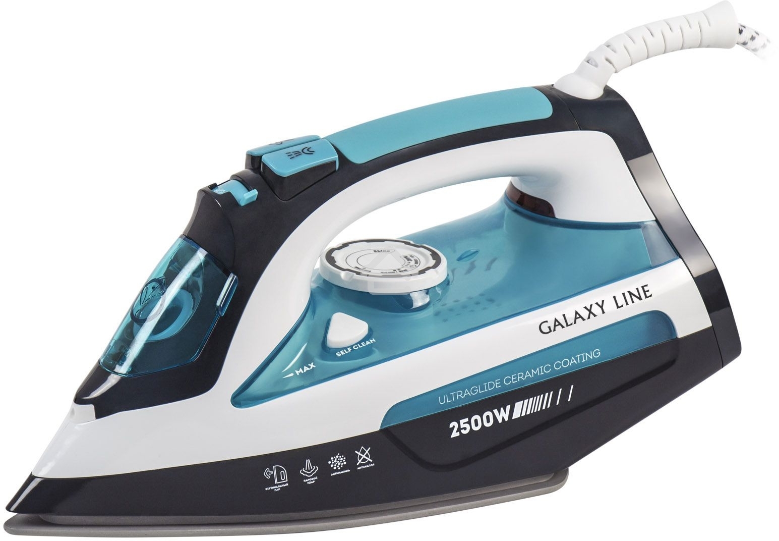 Утюг Galaxy Line GL 6123, голубой с белым, паровой, 2500 Вт, постоянный пар 50 г/мин, паровой удар 230 г/мин, функции: самоочистка, антикапля, антинакипь, функция увлажнения, вертикальное отпаривание, защита от перегрева, индикатор нагрева, керамическое п