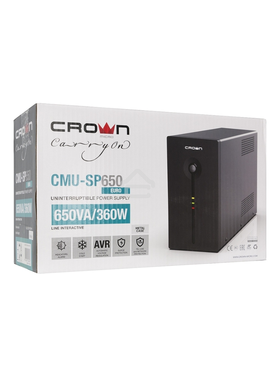 Источник бесперебойного питания CROWN ИБП CMU-SP650EURO {650VA, металл, 1x12V/7AH, розетки 2*EURO+1*IEC bybass} CM000001490