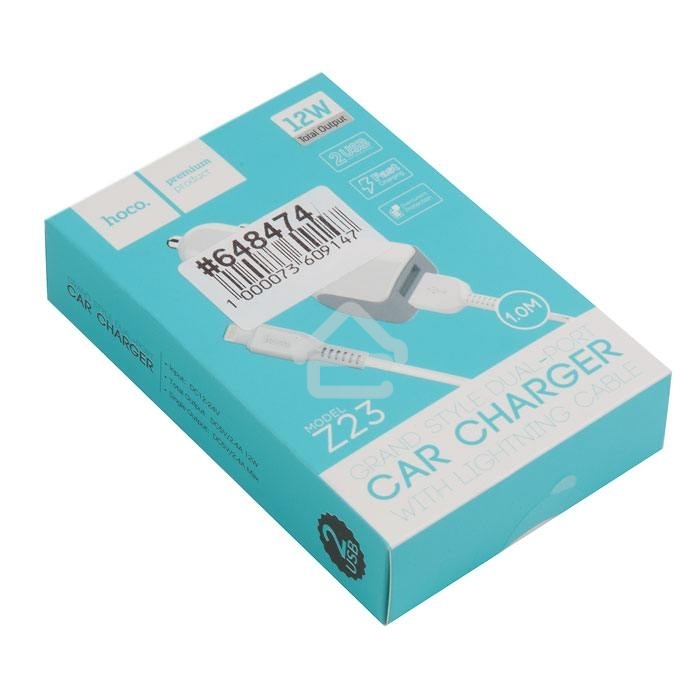 Автомобильное зарядное устройство HOCO z23 grand style dual-port car charger set with lightning cable, белый