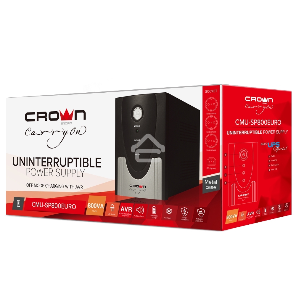 Источник бесперебойного питания CROWN Line Intractive CMU-SP800EURO USB 800VA\480W, корпус металл, 1x12V/9AH, розетки 4*EURO+1*IEC bybass, трансформатор AVR 140-290V, cъемный кабель 1.2 м, порт RJ11/45, порт USB, защита: от перегрузки, от КЗ, от скачков н