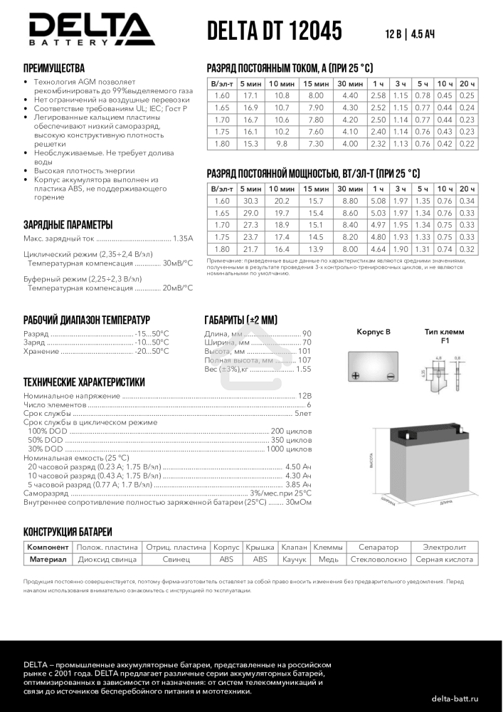 Батарея Delta DT 12045 (12V, 4.5Ah)