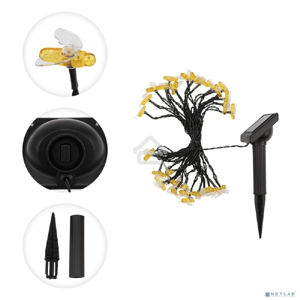 Каскад Lamper Янтарные Пчелы LED 10 м с выносной солнечной панелью 2 м и аккумулятором, IP65, теплое белое свечение