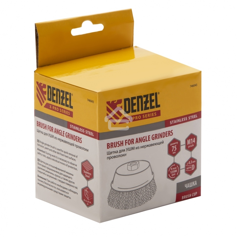 Щетка для УШМ Denzel 75 мм, М14, чашка, витая нержавеющая проволока 0,3 мм