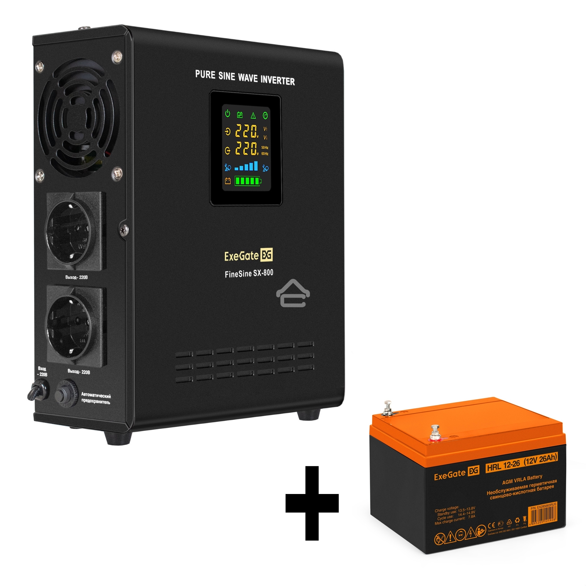 Комплект Источник бесперебойного питания EX295996RUS + батарея 26Aч EX285663RUS 1шт (инвертор, синус, для котла, настенный) ExeGate FineSine SX-800.LCD.AVR.2SH <800VA/500W, чистая синусоида, цветной LCD-дисплей, AVR, 2*Schuko, линейно-интерактивный, крепл