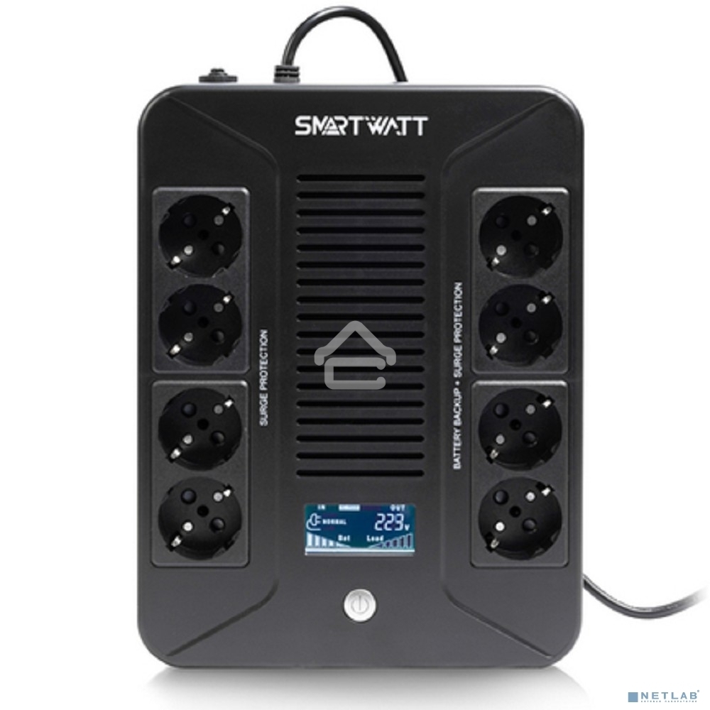 Источник бесперебойного питания SMARTWATT UPS SAFE PRO LCD 800 черный 800/480 ВА/Вт, напольный/настенный, линейно-интерактивный, LCD дисплей, Shuko CEE7/4 - 8 шт. (4 шт. с резервным питанием, 4 шт. - сетевой фильтр)