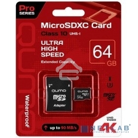 Флеш карта QUMO MicroSDXC 64GB 90/45 МБ/с UHS-I U3, Pro seria 3.0 с адаптером SD, красная картонная упаковка