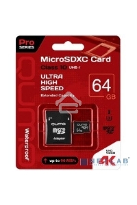 Флеш карта QUMO MicroSDXC 64GB 90/45 МБ/с UHS-I U3, Pro seria 3.0 с адаптером SD, красная картонная упаковка