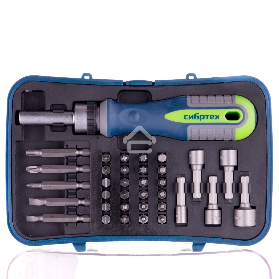 Отвертка реверсивная Сибртех с набором бит и торцевыми головками 35 шт., CrV