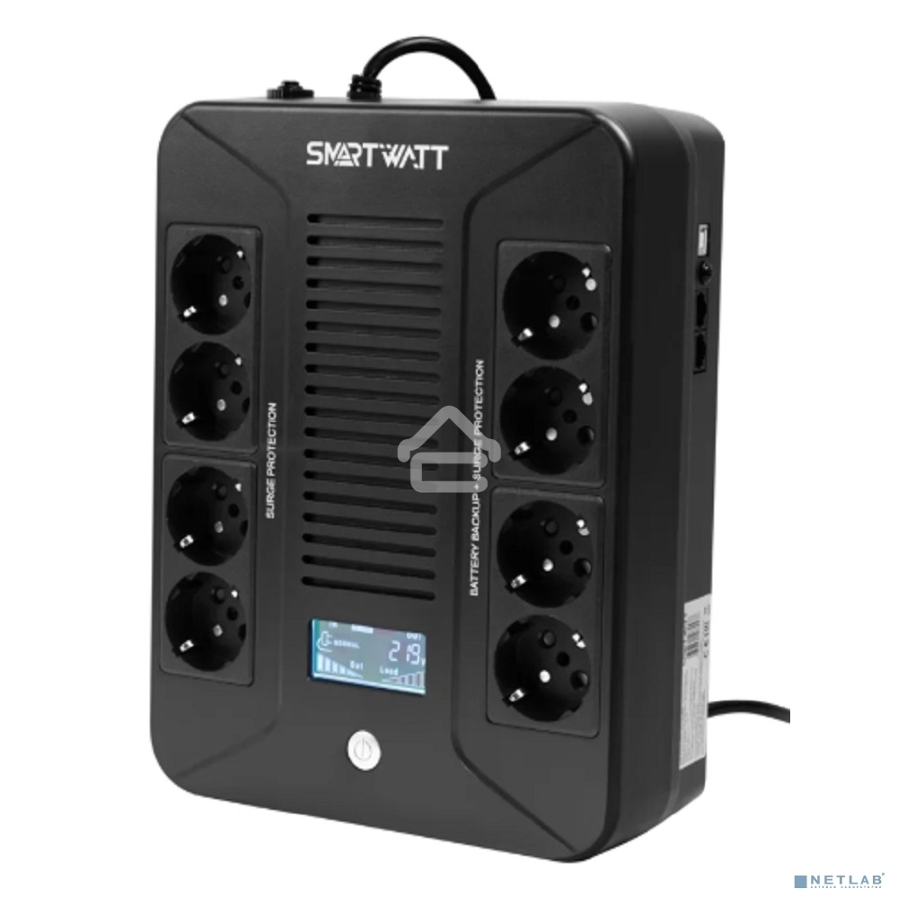 Источник бесперебойного питания SMARTWATT UPS SAFE PRO LCD 800 черный 800/480 ВА/Вт, напольный/настенный, линейно-интерактивный, LCD дисплей, Shuko CEE7/4 - 8 шт. (4 шт. с резервным питанием, 4 шт. - сетевой фильтр)