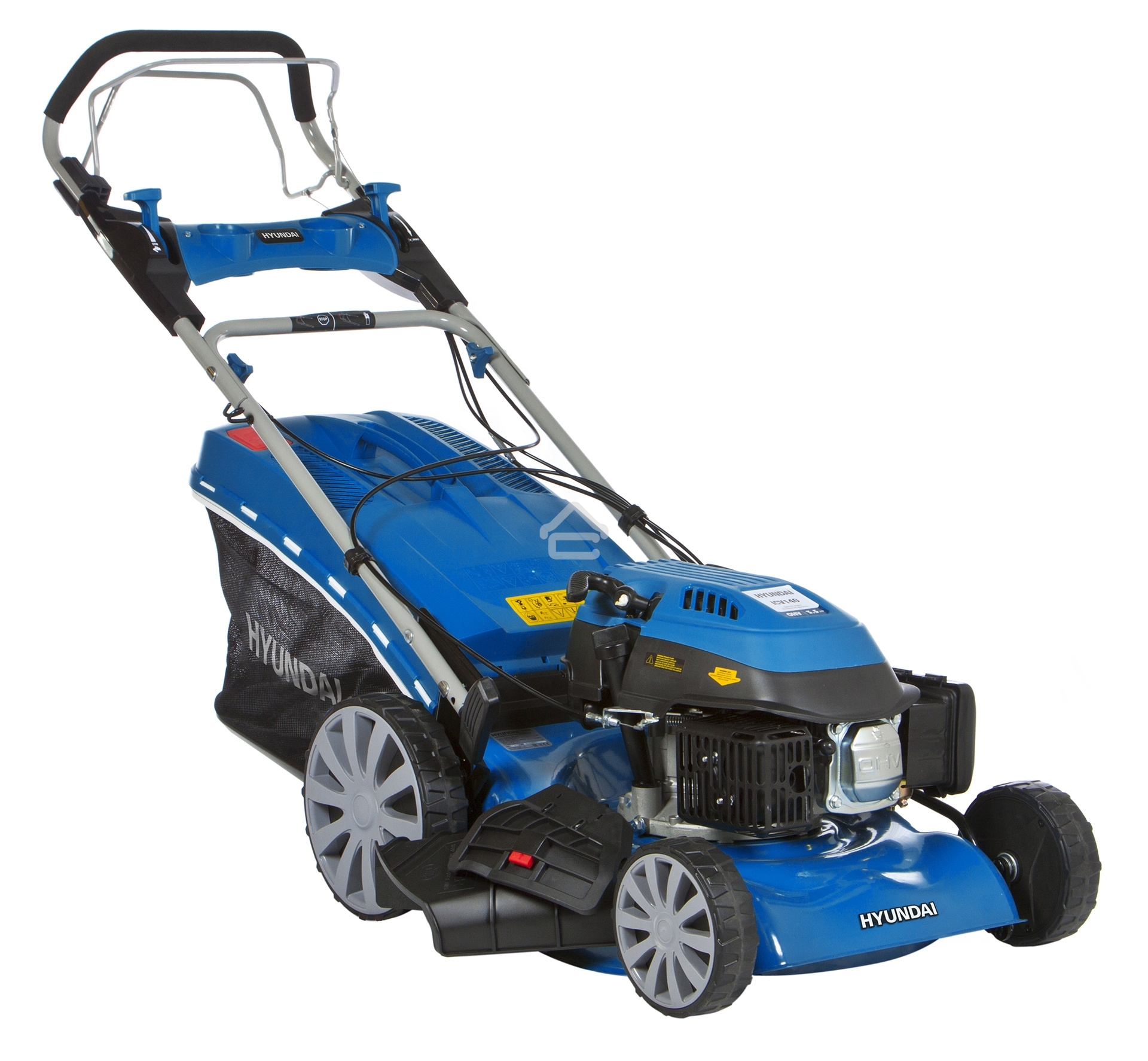 Бензиновая газонокосилка HYUNDAI L 4610SE самоходная, электрозапуск, двигатель Hyundai ICV145,4-х такт, 3.5 л.с./145 см3, Ширина среза 45,7 см, Высота среза 25-75 мм, 35 кг