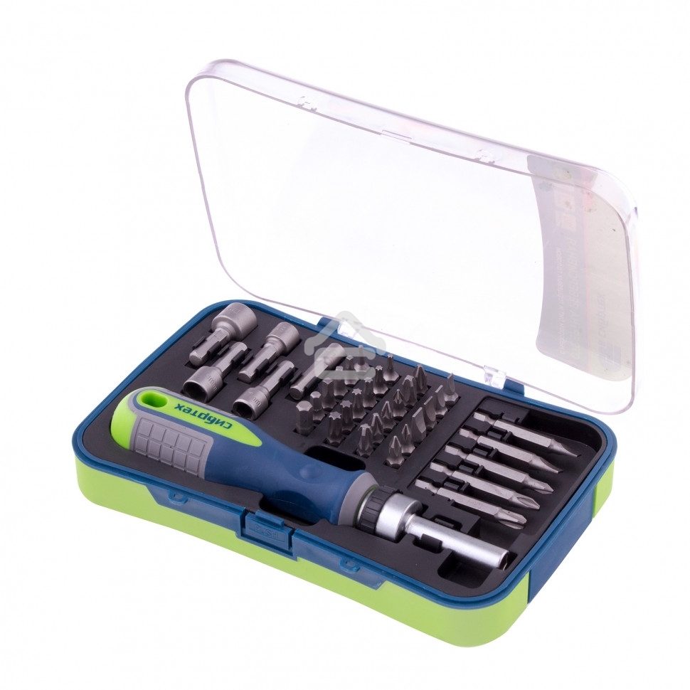 Отвертка реверсивная Сибртех с набором бит и торцевыми головками 35 шт., CrV