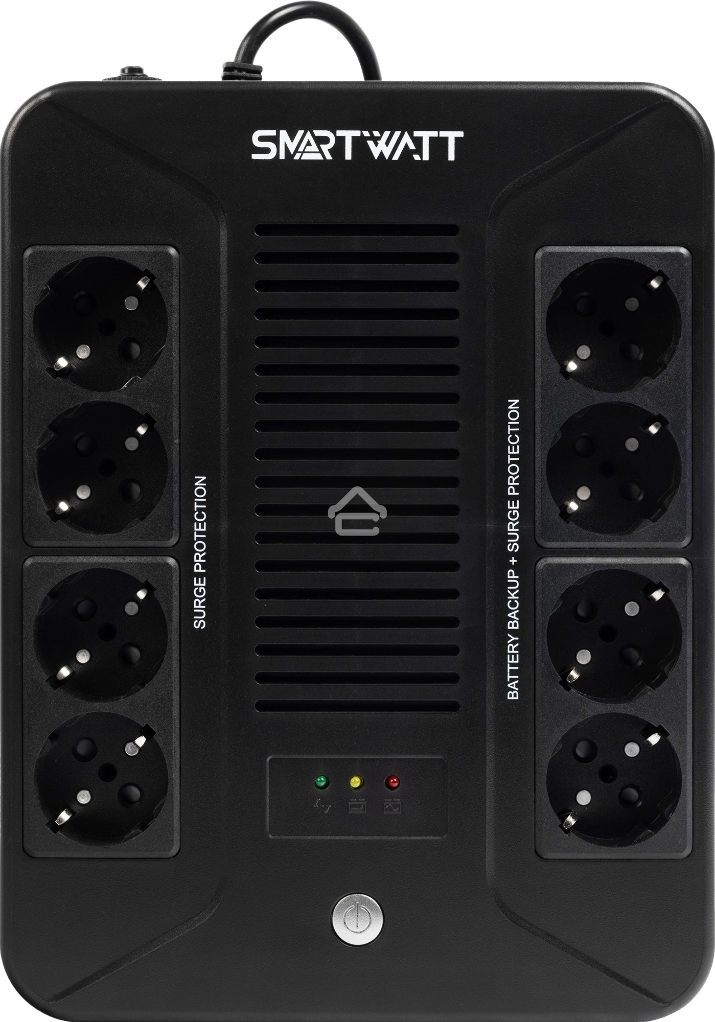 Источник бесперебойного питания SMARTWATT UPS SAFE PRO 1000 черный 1000/600 ВА/Вт, линейно-интерактивный, напольный/настенный, LED индикация, Shuko CEE7/4 - 8 шт. (4 шт. с резервным питанием, 4 шт. - сетевой фильтр)