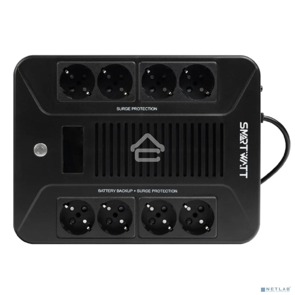 Источник бесперебойного питания SMARTWATT UPS SAFE PRO LCD 800 черный 800/480 ВА/Вт, напольный/настенный, линейно-интерактивный, LCD дисплей, Shuko CEE7/4 - 8 шт. (4 шт. с резервным питанием, 4 шт. - сетевой фильтр)