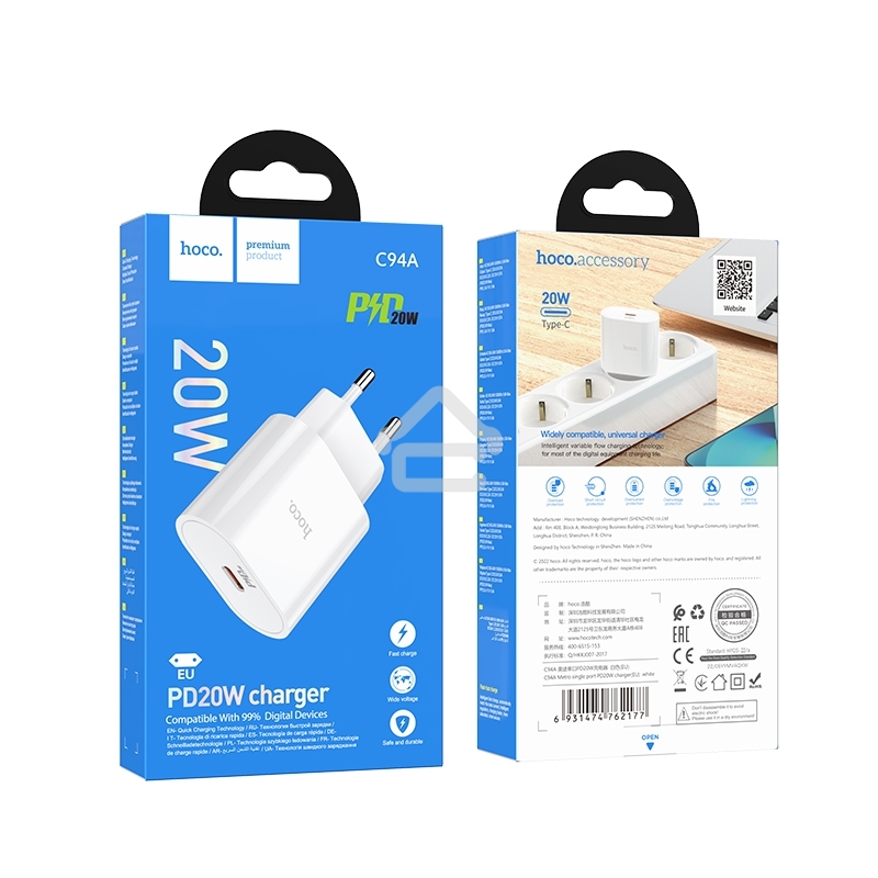 Зарядное устройство Hoco 20Вт, 3А, QC3.0/PD, 1хType-C, C94A, белый, коробка
