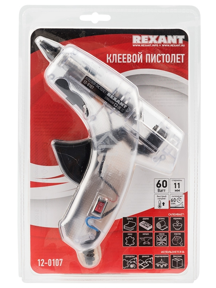 Пистолет клеевой Rexant, 60 Вт, Ø11 мм, ПРОЗРАЧНЫЙ корпус, с кнопкой, блистер