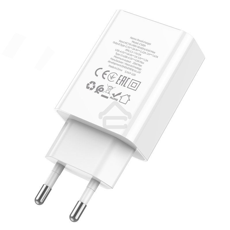 Зарядное устройство с дисплеем Hoco 18Вт, 3А, QC3.0/PD, 1хUSB, 1хType-C, C100A, белый, коробка
