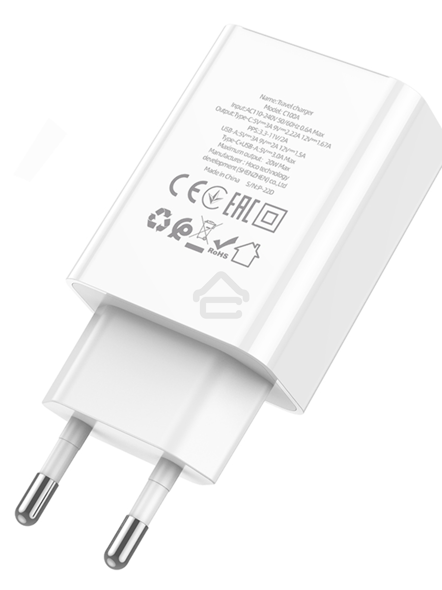 Зарядное устройство с дисплеем Hoco 18Вт, 3А, QC3.0/PD, 1хUSB, 1хType-C, C100A, белый, коробка