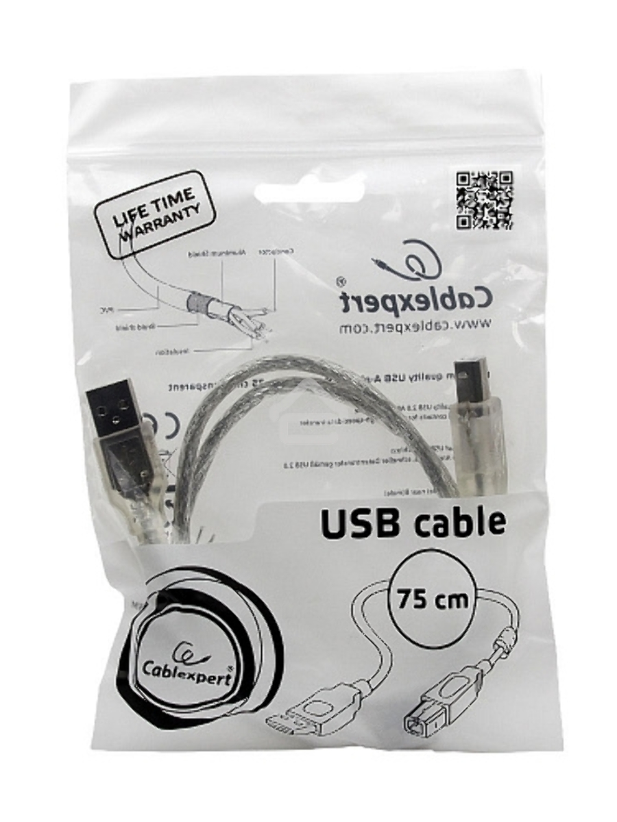 Кабель Cablexpert USB 2.0 Pro, AM/BM, 0,75м, экран, 2 феррит.кольца, прозрачный (CCF-USB2-AMBM-TR-0.75M)