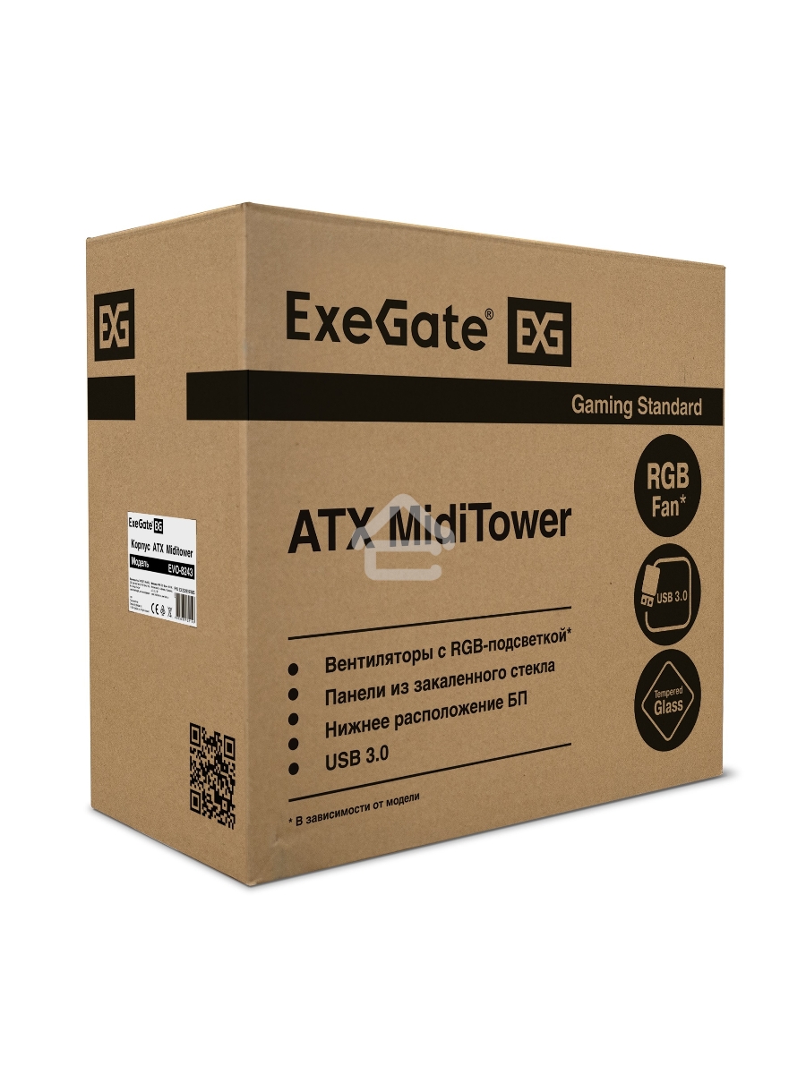 Компьютерный корпус Miditower ExeGate EVO-8243-NPX600 (ATX, БП 600NPX с вент 12 см, 2*USB+1*USB3.0, черный, 3 вент. с RGB подсветкой, боковая панель - закаленное стекло)