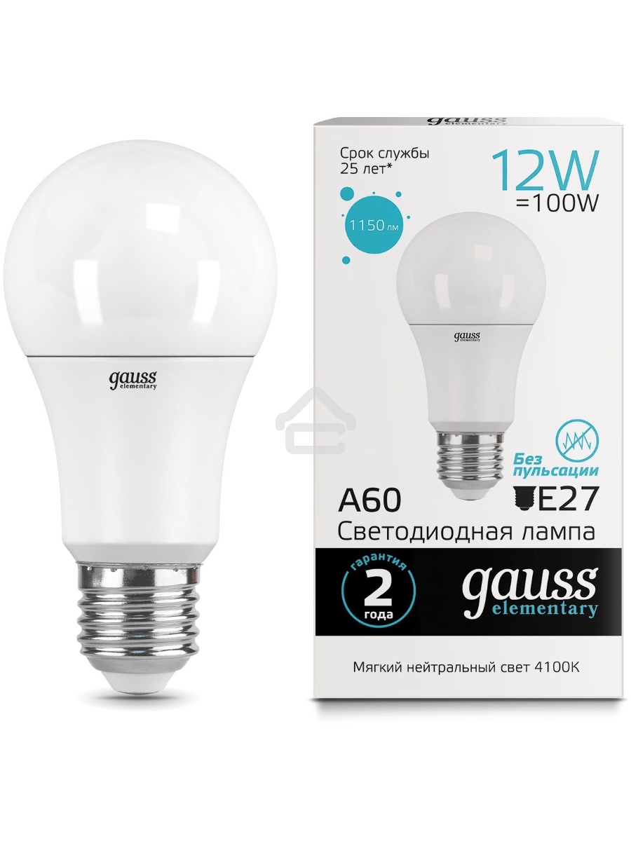 Лампа светодиодная Gauss Elementary 12Вт цок.:E27 груша 220B 4100K св.свеч.бел.ней. A60 (упак.:10шт) (23222)