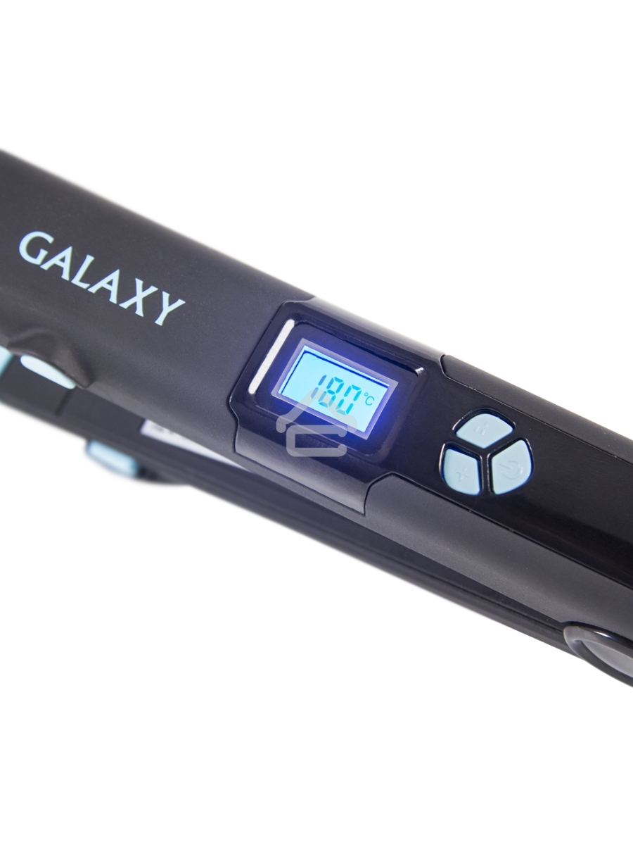 Щипцы для волос Galaxy GL 4505, голубой, 65 Вт, нагревательный элемент с защитой от перегрева, сменные пластины с керамическим покрытием: 89*27,5 мм и 89*57 мм, ЖК-дисплей с индикацией температуры, регулятор температурных режимов, шнур питания, вращающийс