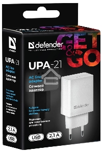 Сетевой адаптер Defender 1xUSB, 5V/2.1А , белый (UPA-21) (83571)
