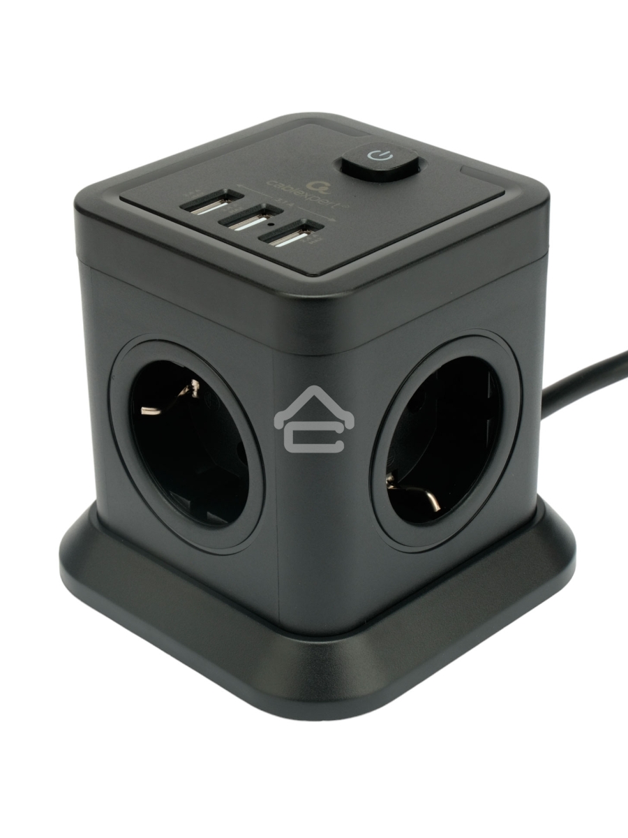 Сетевой фильтр Cablexpert Tower, TWR-4-U3-B-3, 4р, 10А, 3xUSB, 3.1А, 3м, ур.защиты 2+, черный, коробка