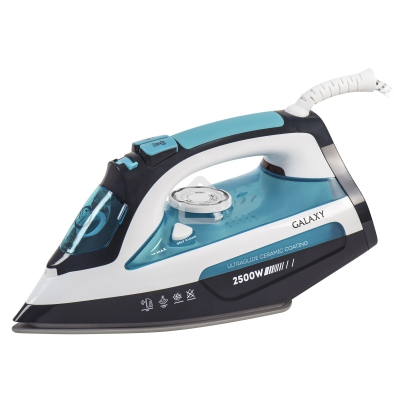 Утюг Galaxy Line GL 6123, голубой с белым, паровой, 2500 Вт, постоянный пар 50 г/мин, паровой удар 230 г/мин, функции: самоочистка, антикапля, антинакипь, функция увлажнения, вертикальное отпаривание, защита от перегрева, индикатор нагрева, керамическое п