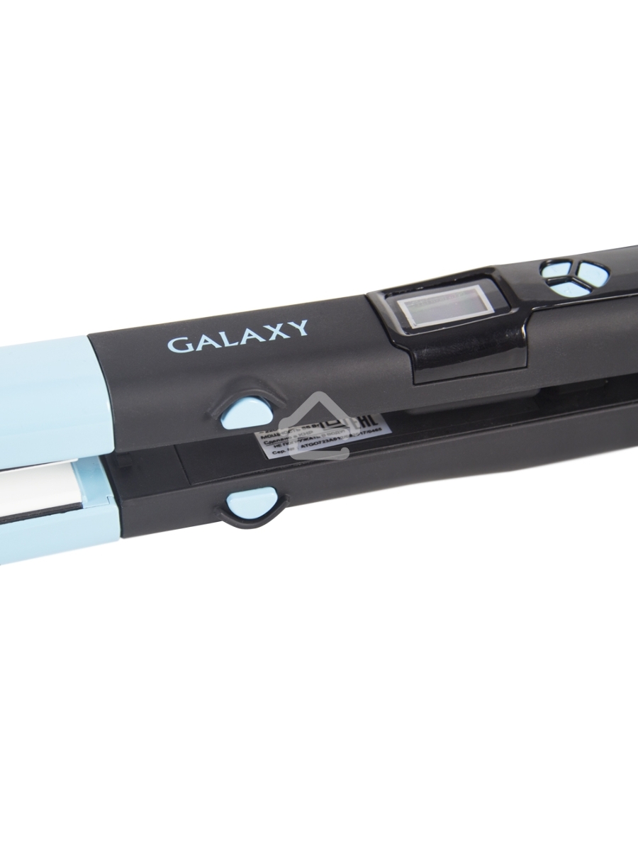 Щипцы для волос Galaxy GL 4505, голубой, 65 Вт, нагревательный элемент с защитой от перегрева, сменные пластины с керамическим покрытием: 89*27,5 мм и 89*57 мм, ЖК-дисплей с индикацией температуры, регулятор температурных режимов, шнур питания, вращающийс