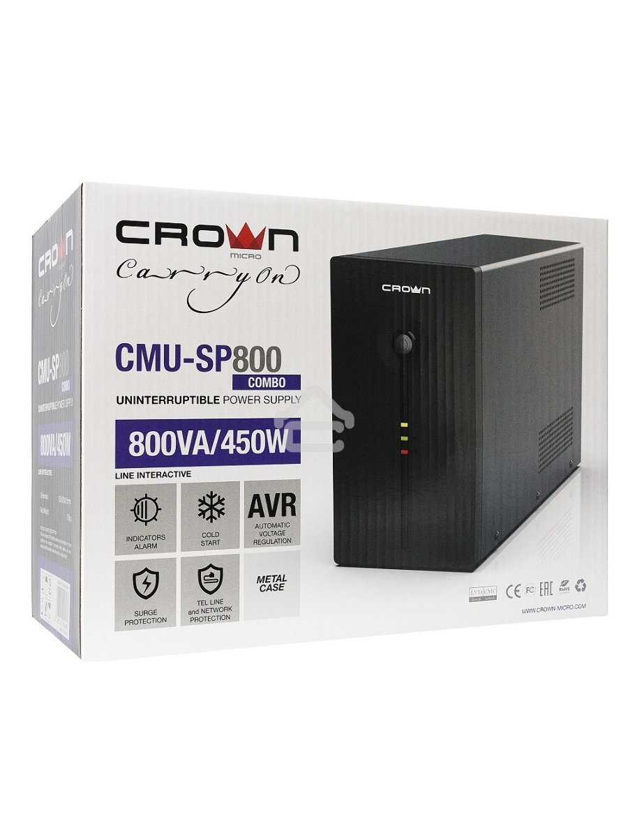 Источник бесперебойного питания CROWN ИБП CMU-SP800 COMBO {800VA металл,1x12V/9AH, розетки 2*IEC + 2*EURO} CM000001494