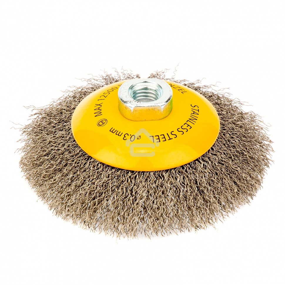 Щетка для УШМ Denzel 125 мм, М14, тарелка, витая нержавеющая проволока 0,3 мм