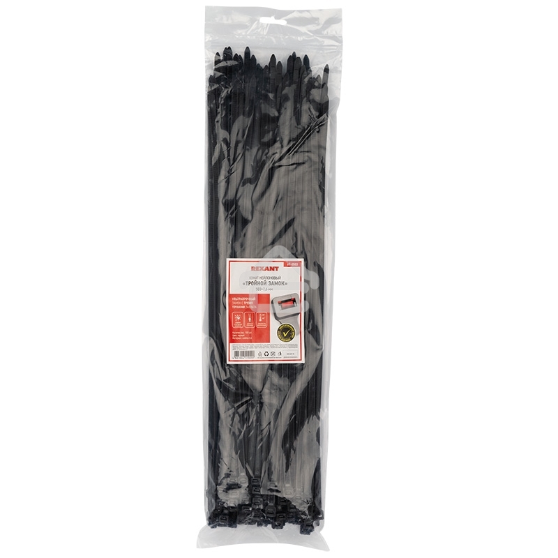Хомут-стяжкa нейлоновая с тройным замком Rexant 500x7,6 мм, черная, упаковка 100 шт.