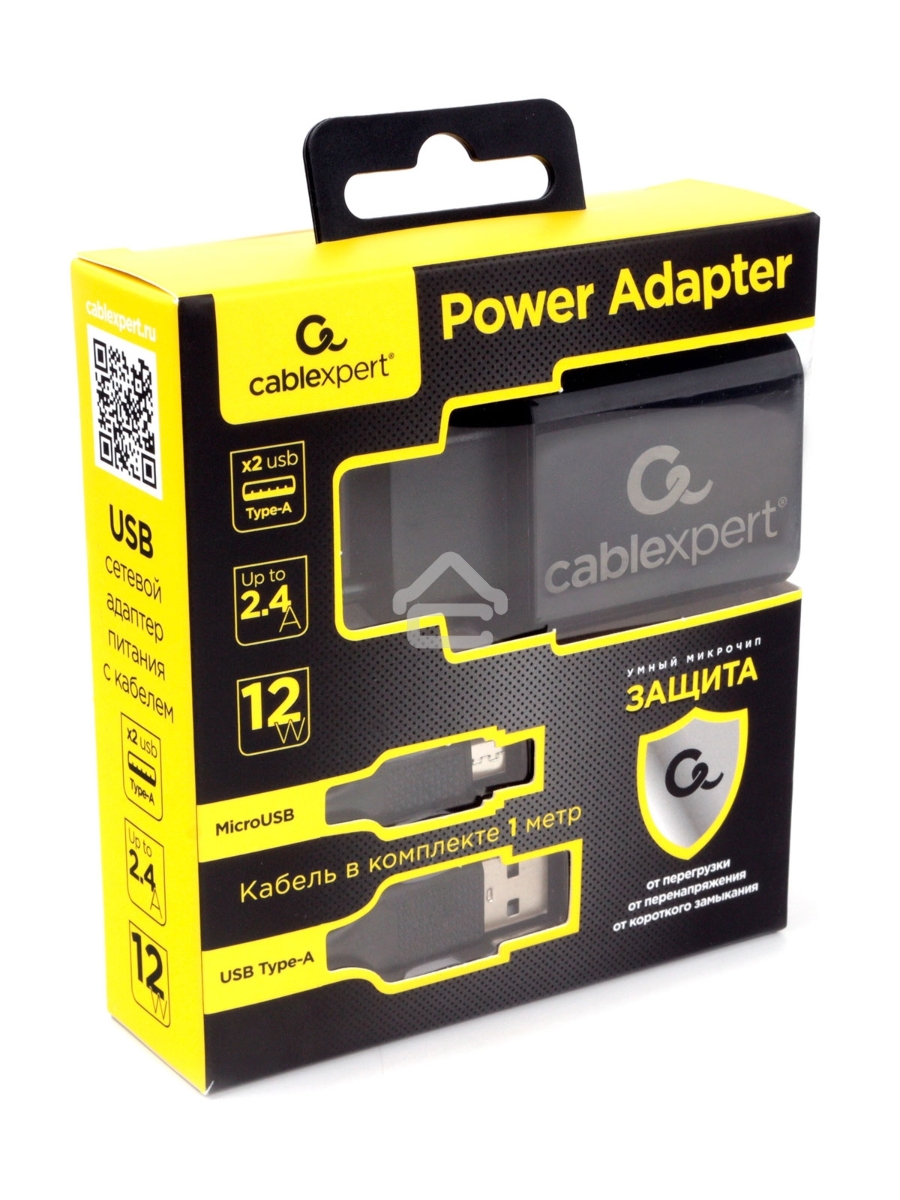 Адаптер питания Cablexpert MP3A-PC-35 USB 2 порта, 2.4A, черный + кабель 1м micro