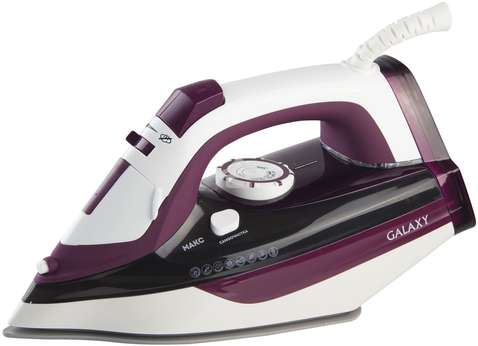 Утюг Galaxy Line GL 6108, бордовый с белым, паровой, 2400 Вт, постоянный пар 50 г/мин, паровой удар 230 г/мин, функции: автоотключение, самоочистка, антикапля, антинакипь, вертикальное отпаривание, индикатор автоотключения, индикатор нагрева, функция увла