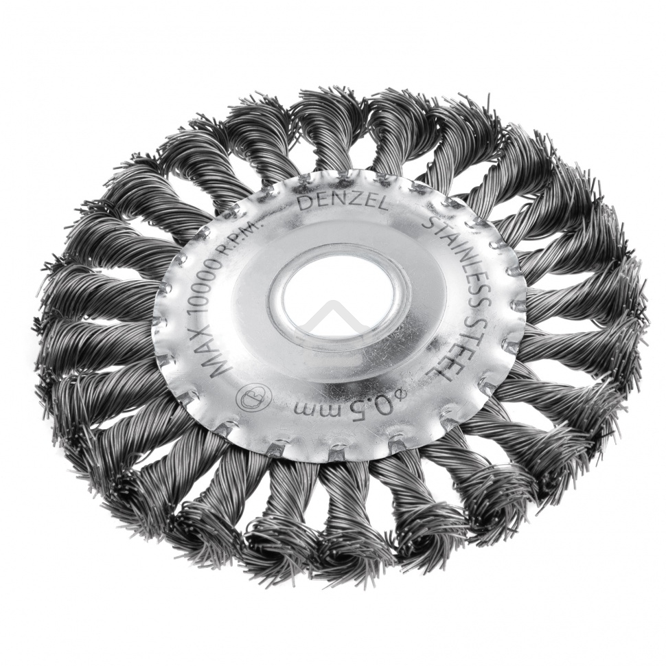 Щетка для УШМ Denzel 125 мм, плоская, крученая нержавеющая проволока 0,5 мм, посадка 22,2 мм