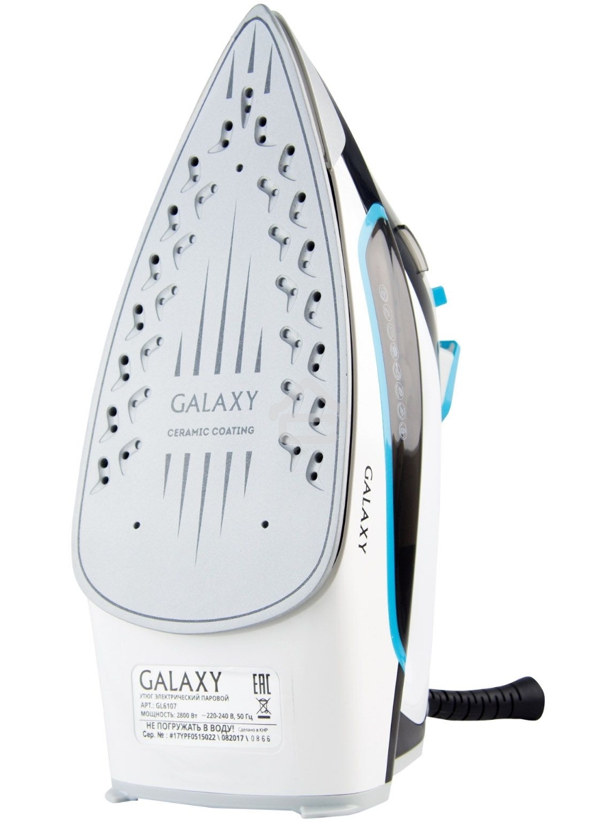 Утюг GalaxyGL 6107 2800 Вт, керамическое покрытие подошвы, уплотнитель крышки резервуара, функции: «автоотключение», «самоочистка», «антикапля», «антинакипь», индикатор автоотключения, указатель максимального уровня воды,