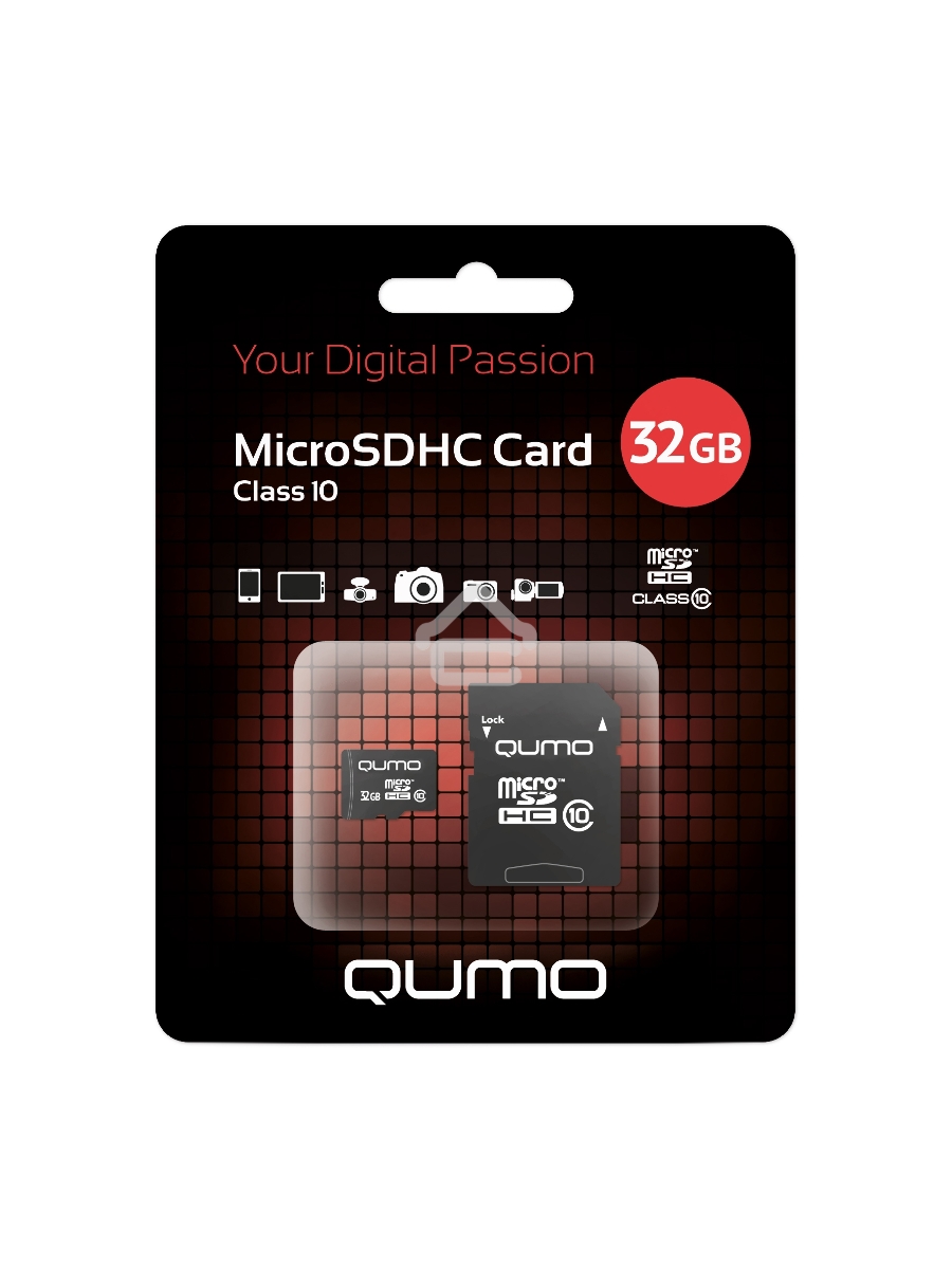 Флеш карта QUMO MicroSDHC 32GB Сlass 10 с адаптером SD, черно-красная картонная упаковка