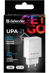Сетевой адаптер Defender 1xUSB, 5V/2.1А , белый (UPA-21) (83571)