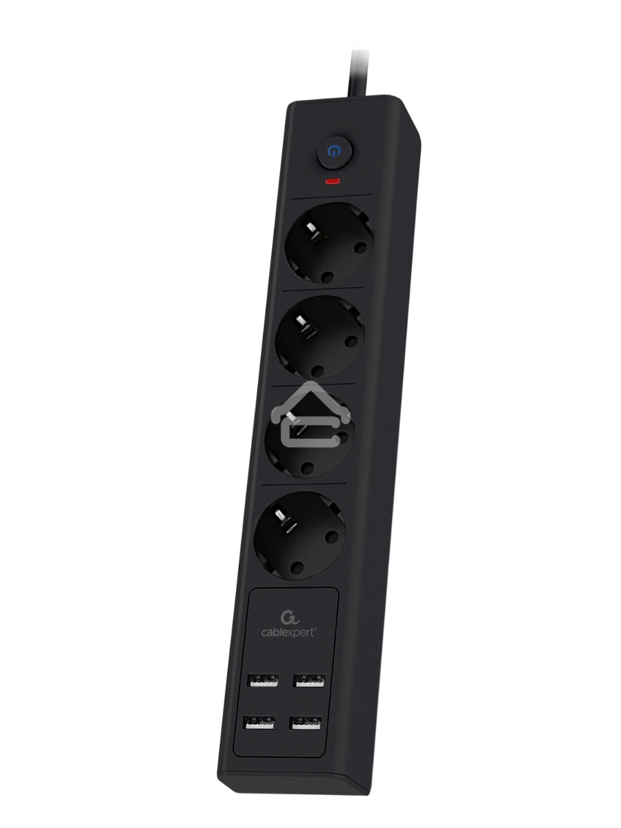 Сетевой фильтр Cablexpert Exnovo, EXN-4-U4-B-2, 4р, 16А, 4хUSB, 3.4A, 2м, ур.защиты 4+, черный, коробка