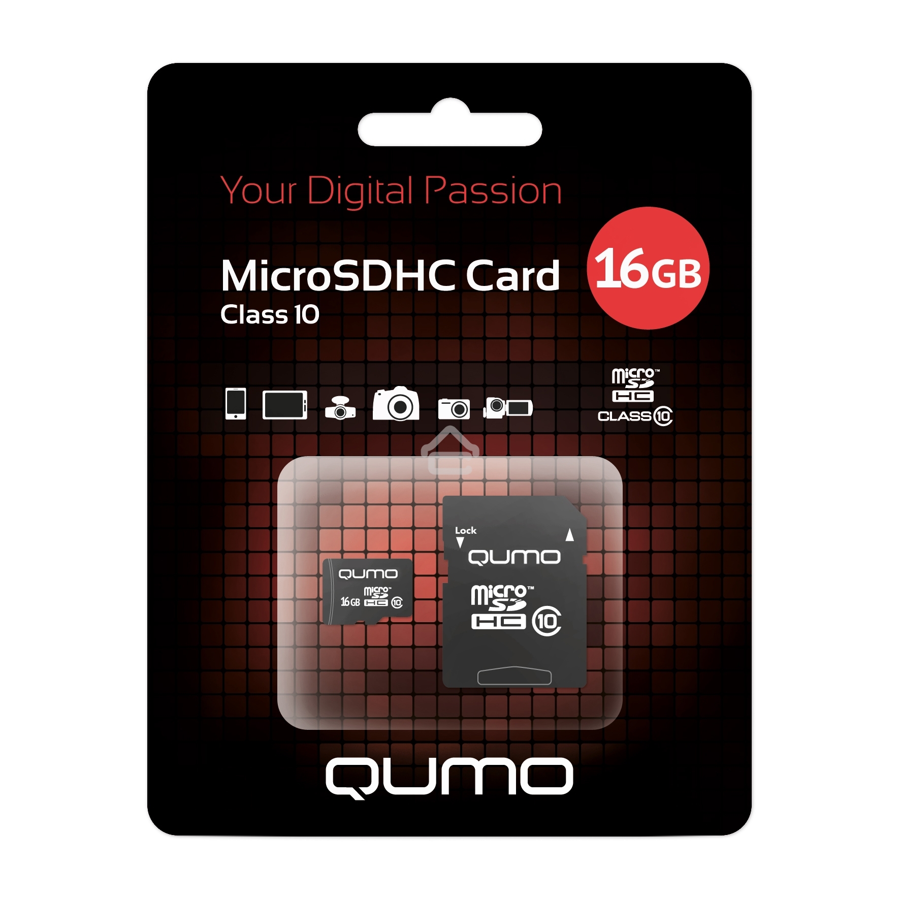 Флеш карта QUMO MicroSDHC 16GB Сlass 10 с адаптером SD, черно-красная картонная упаковка