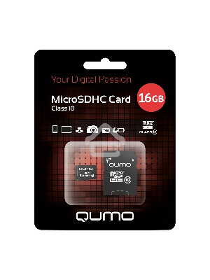 Флеш карта QUMO MicroSDHC 16GB Сlass 10 с адаптером SD, черно-красная картонная упаковка