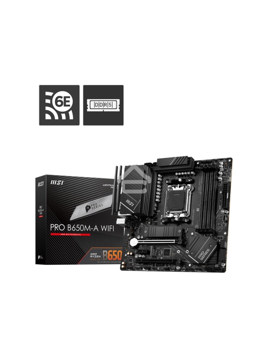 Материнская плата MSI PRO B650M-A WIFI, AM5, AMD B650, 4xDDR5, 4xSATA, 2xM.2, 1xPCI-E 4.0 x16, 1xPCI-E 4.0 x4, 1xDP, 1xHDMI, 1x2.5Gb LAN, 4xUSB 3.2 Gen 1, 4xUSB 3.2 Gen 2, 3x3.5 мм, 7.1, 802.11ax, 5.3, Micro-ATX