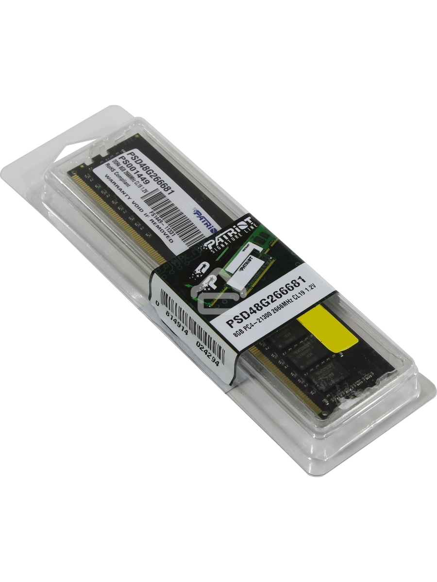 Оперативная память Patriot Signature, DDR4, 8GB (1x8 GB), 2666 MHz, CL19, DIMM