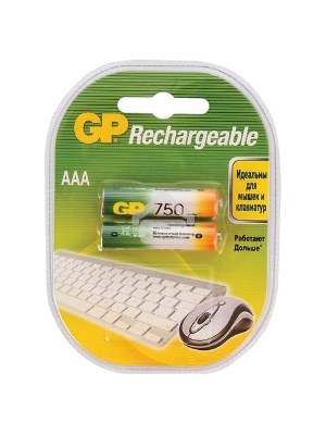 Аккумулятор GP Rechargeable NiMH 75AAAHC 750mAh, 2 шт AAA, 750мАч (2 шт. в клемшеле)