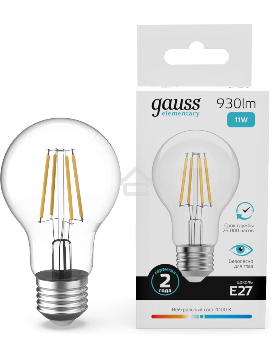 Лампа филам. Gauss Filament 11Вт цок.:E27 груша св.свеч.бел.нейт. (упак.:10шт) (22221)